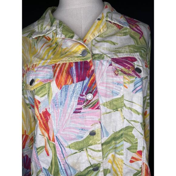Chico's women button up jacket floral tropical Hawaii long sleeve linen blend 3 - Picture 8 of 11
